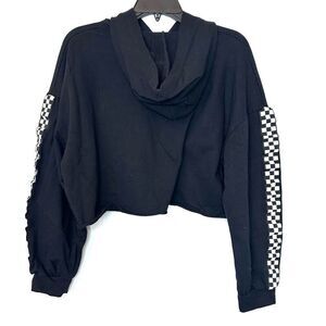 Tres Bien Raw Hem long Sleeve Checkered Racing Cropped Pullover Hoodie Sweatshir